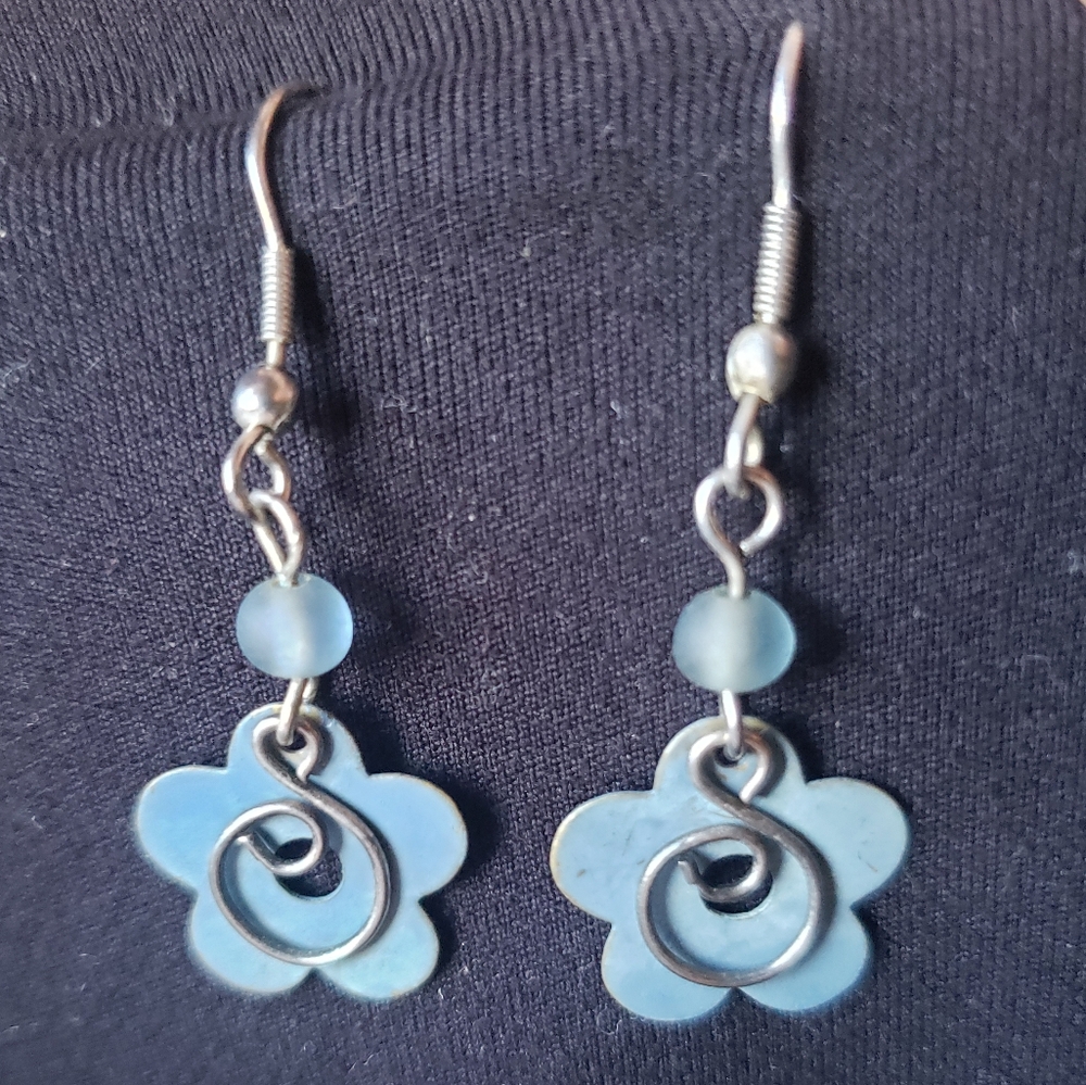 Blue and Silver Floral Earrings with Swirling Petals